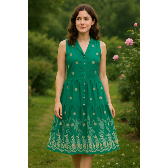 Maeve Dress XS P Green Sleeveless Embroidered Tunic Linen Floral Boho Summer - Picture 1 of 9